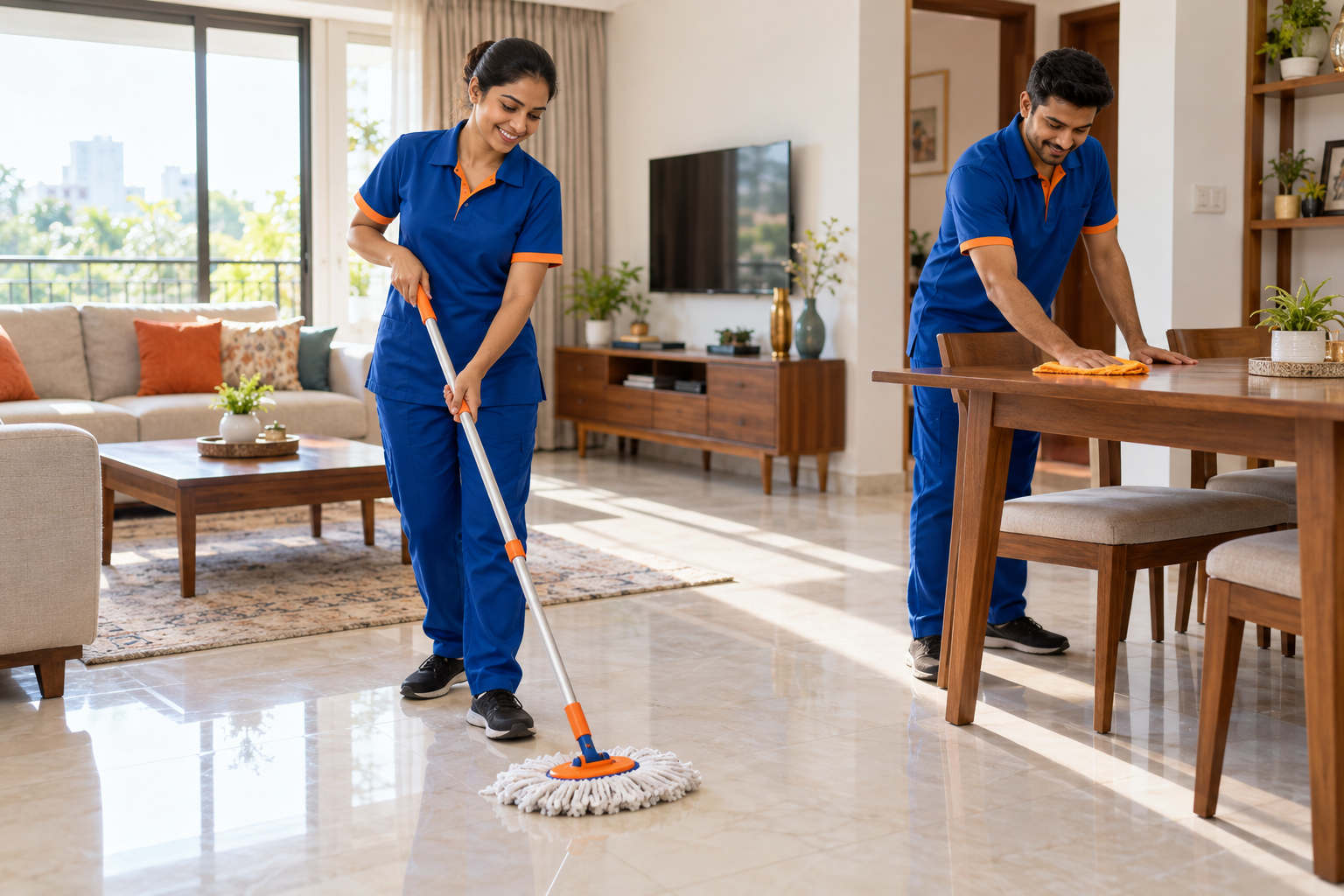 Illustrative Chamkiyo cleaning team working in a bright home